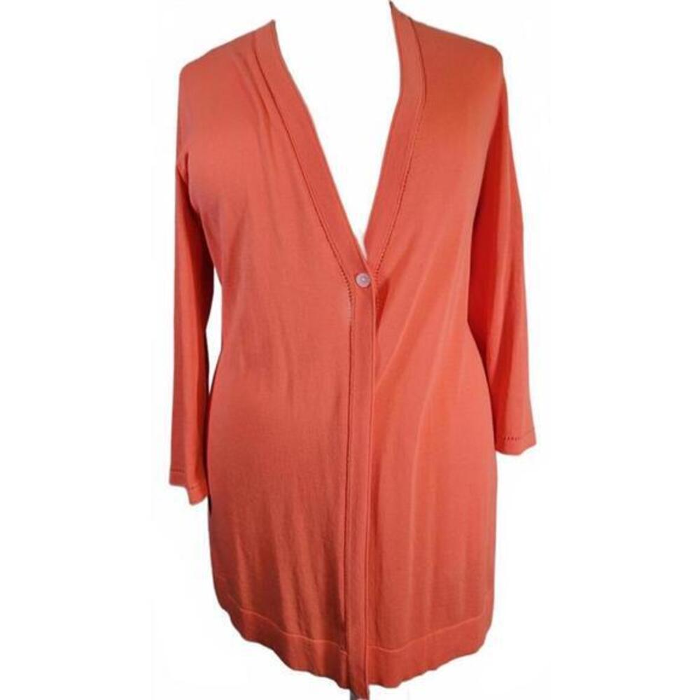Chicos Coral Orange Cotton Blend Longline Single Button Cardigan Sweater 3
